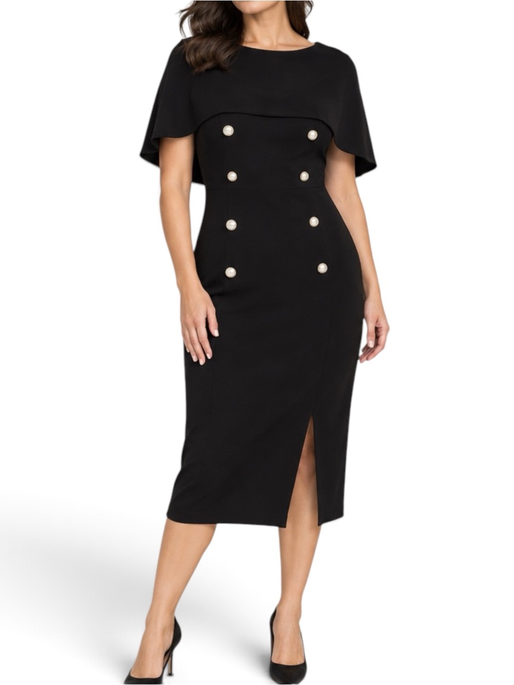 Joseph Ribkoff 213719 Black Cape Overlay Sheath Dress 10 Pearl Buttons NWT
